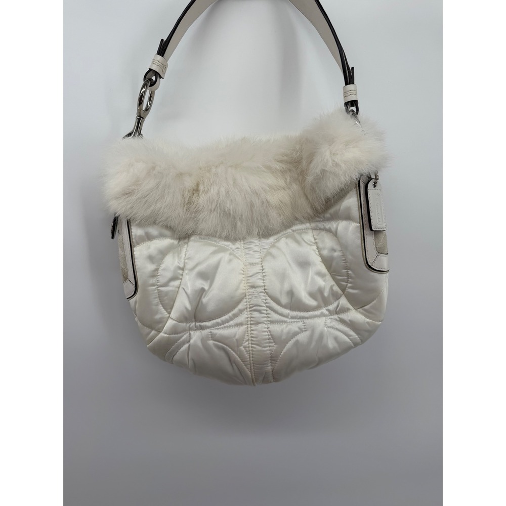 Coach Shoulder Bag White Satin Rabbit Hair Fur Trim 3586 Purse Y2K Quilted